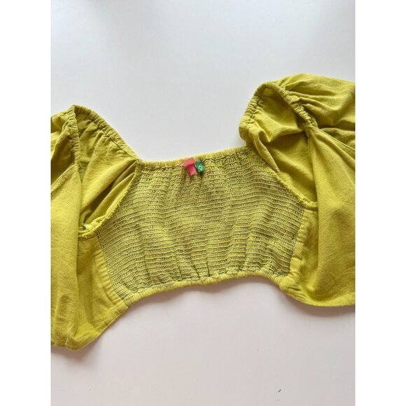 FARM RIO Chartreuse Green Linen Front Tie Puff Sleeve Crop Top Blouse, Size PP - Picture 12 of 15